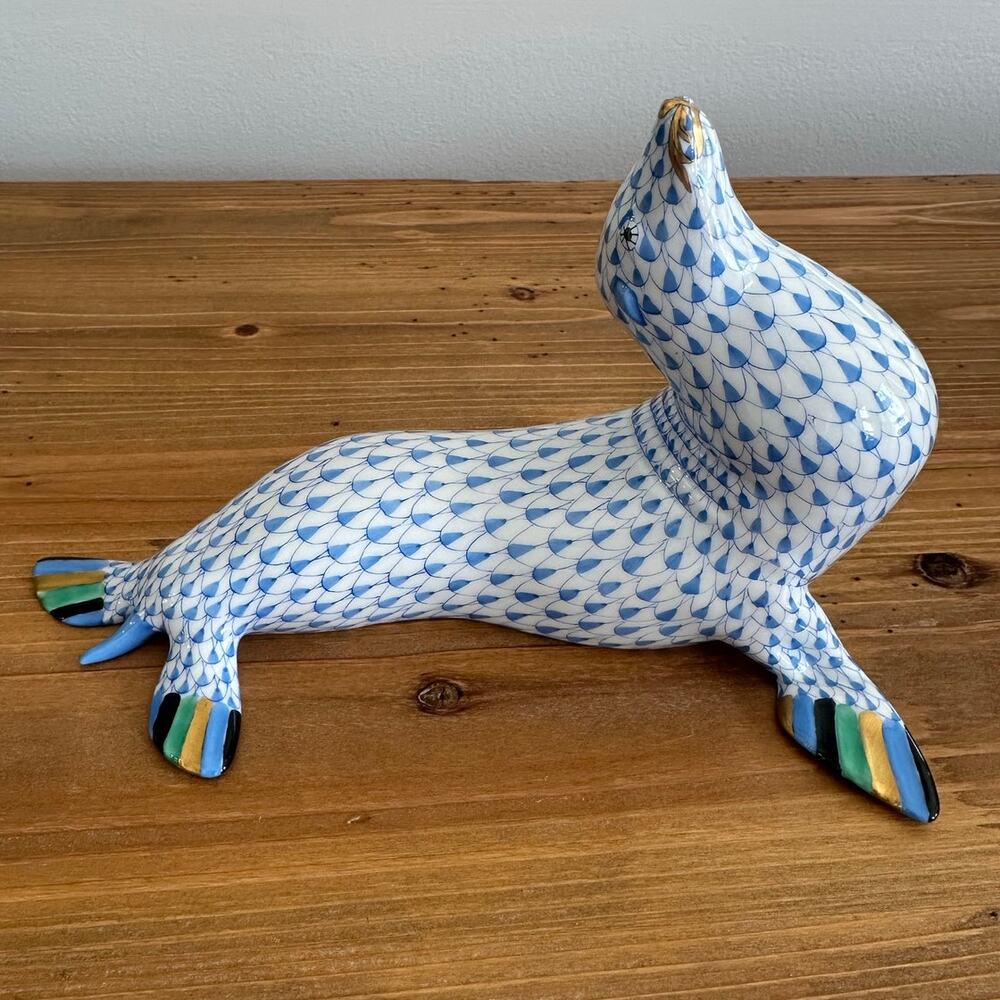 Herend Large Sea Lion, Blue/white